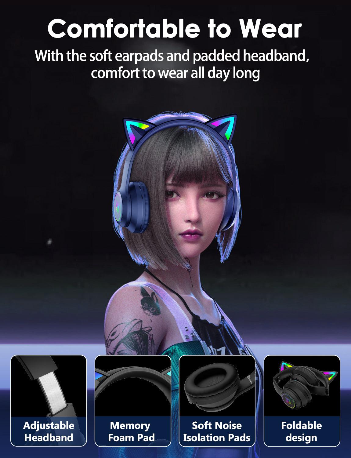 Onikuma B90 RGB Cat Ear Bluetooth 5.0 Wireless Gaming Headset