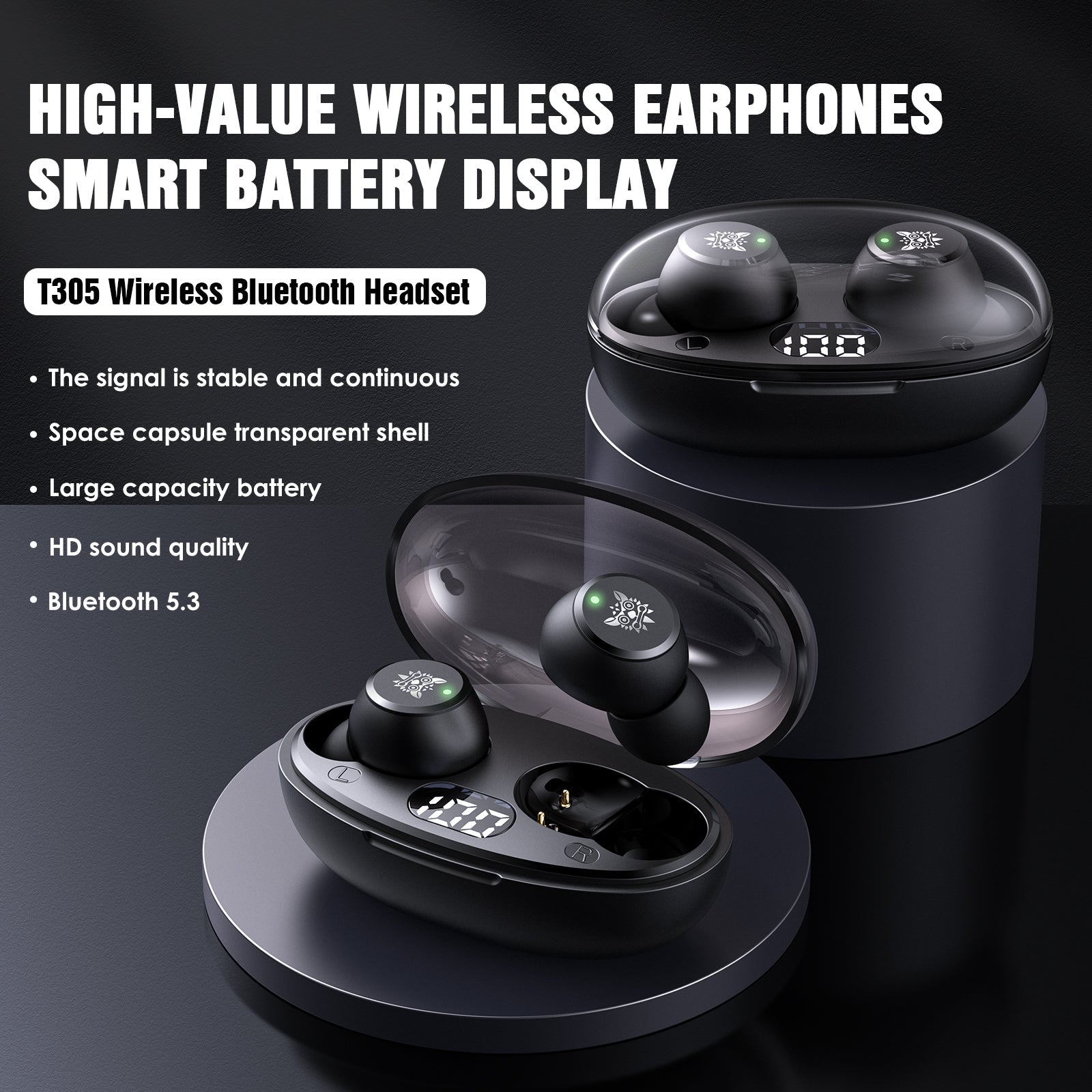 ONIKUMA T305 TWS Wireless Bluetooth V5.3 Earbuds Stereo / Hi-Fi Super Bass / Noise Canceling / Smart Touch-Black