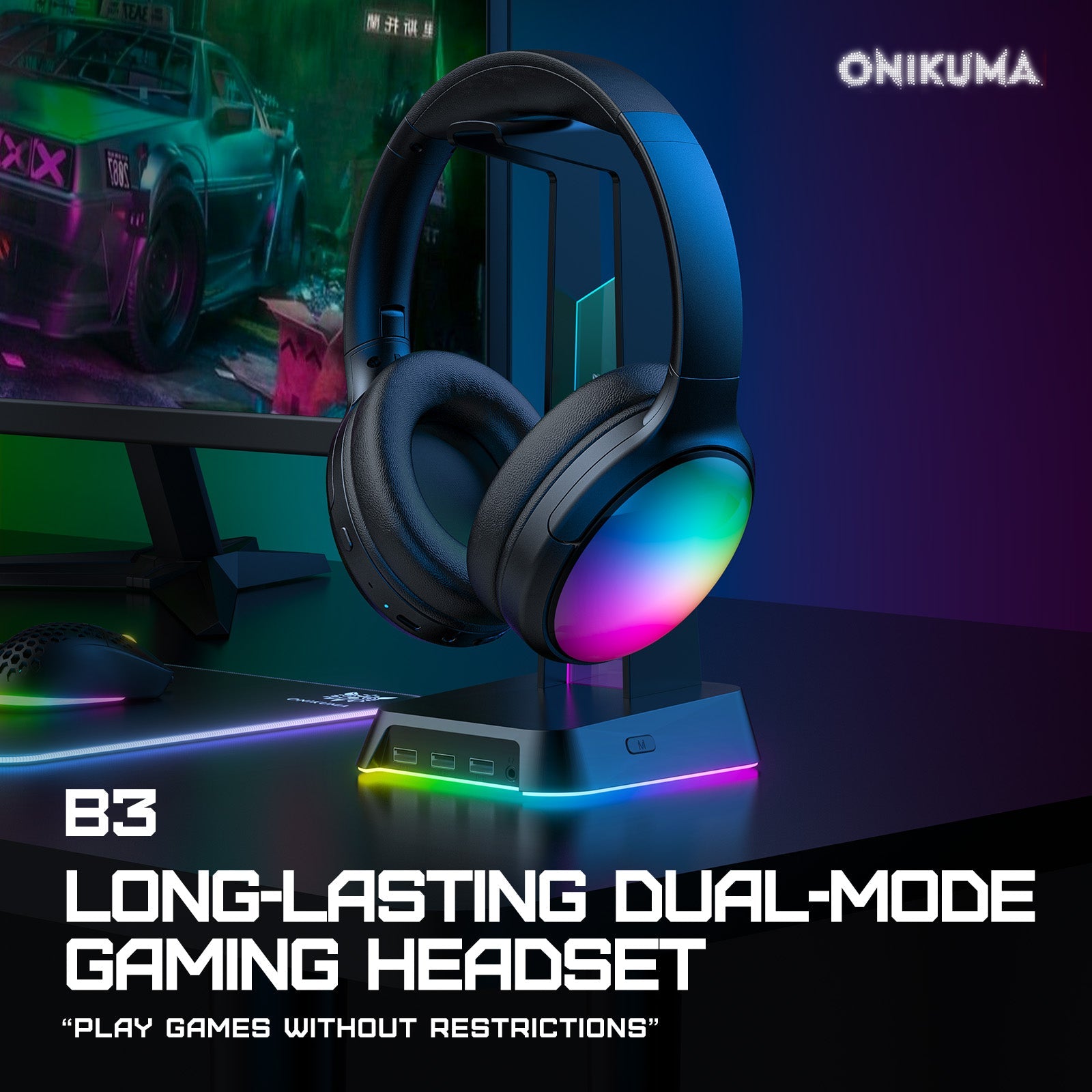 ONIKUMA B3 Wireless Bluetooth Headphones with ANC Microphone, Rainbow RGB Lights Effect Lightweight Foldable Over-Ear Headphones with Music & Game Mode, 45H Plays for Travel Home Office, Hands-Free Clear Calls