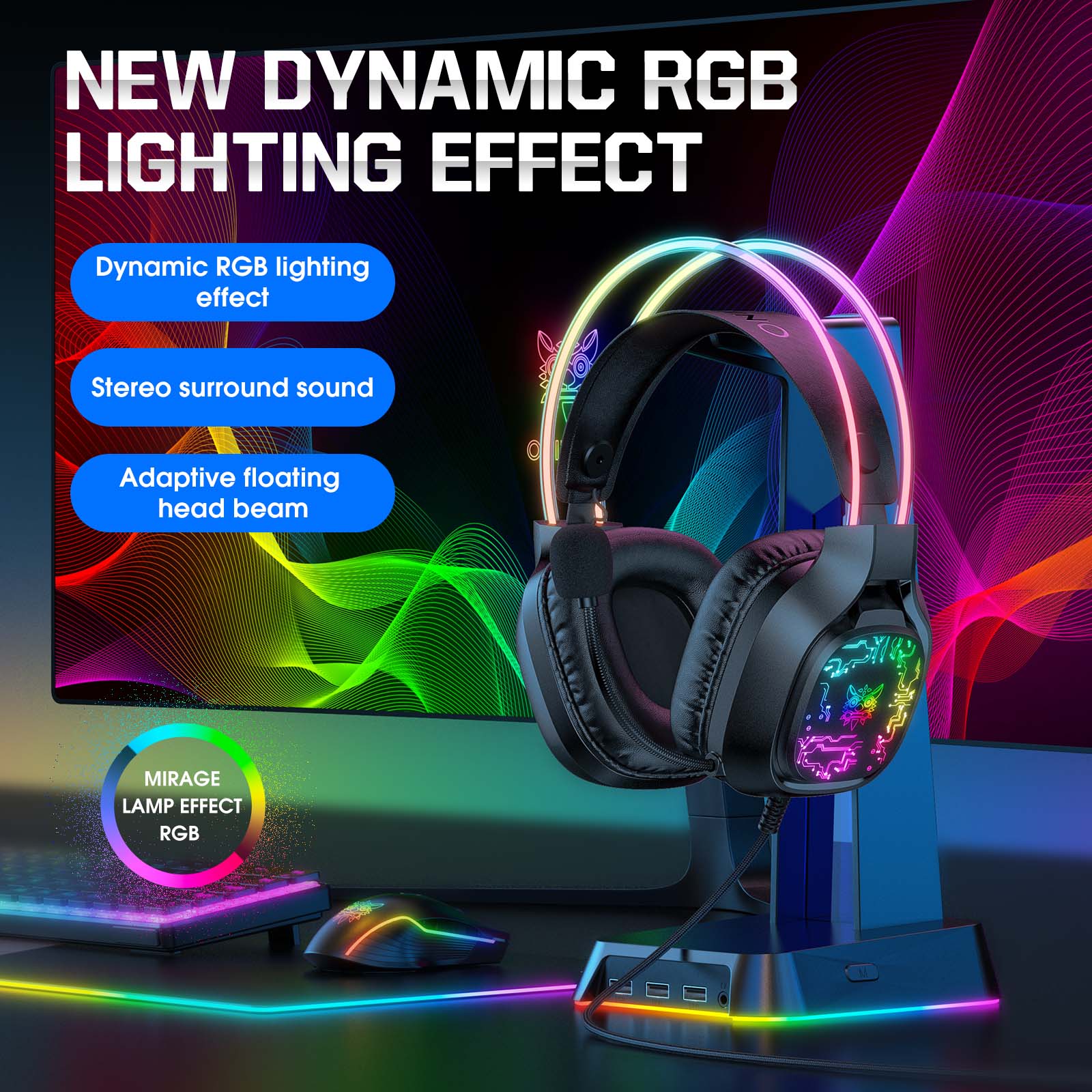 ONIKUMA X22 USB + 3.5mm Cool RGB Dynamic Light Wired Gaming Headset with Mic, Cable 1.8m - onikuma-1