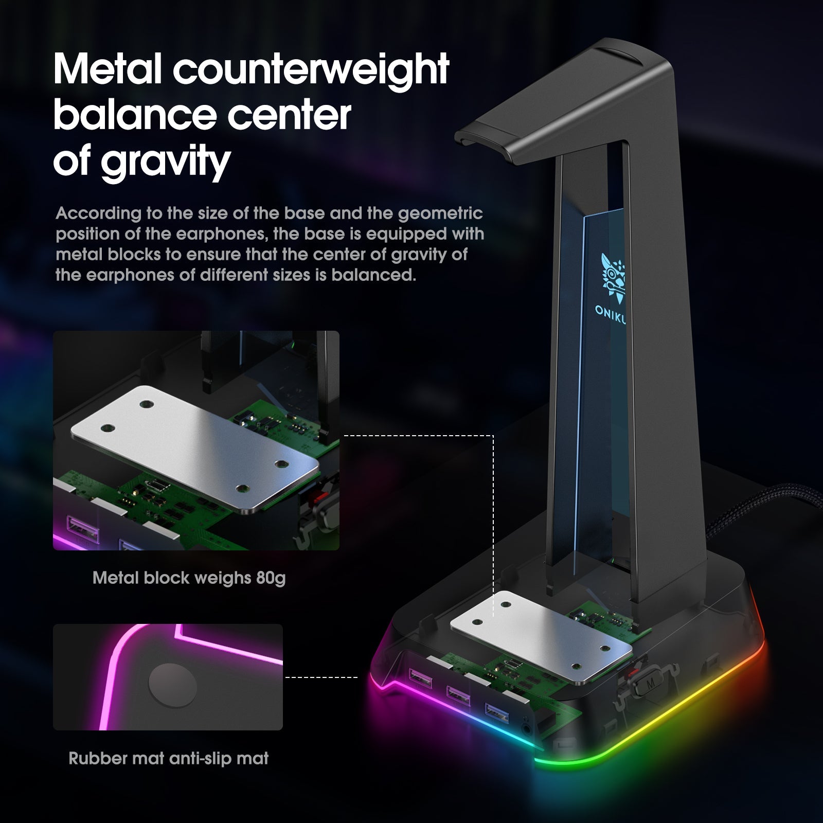 ONIKUMA ST2 RGB Gaming Headphone Stand with 3 USB and 3.5mm AUX Ports