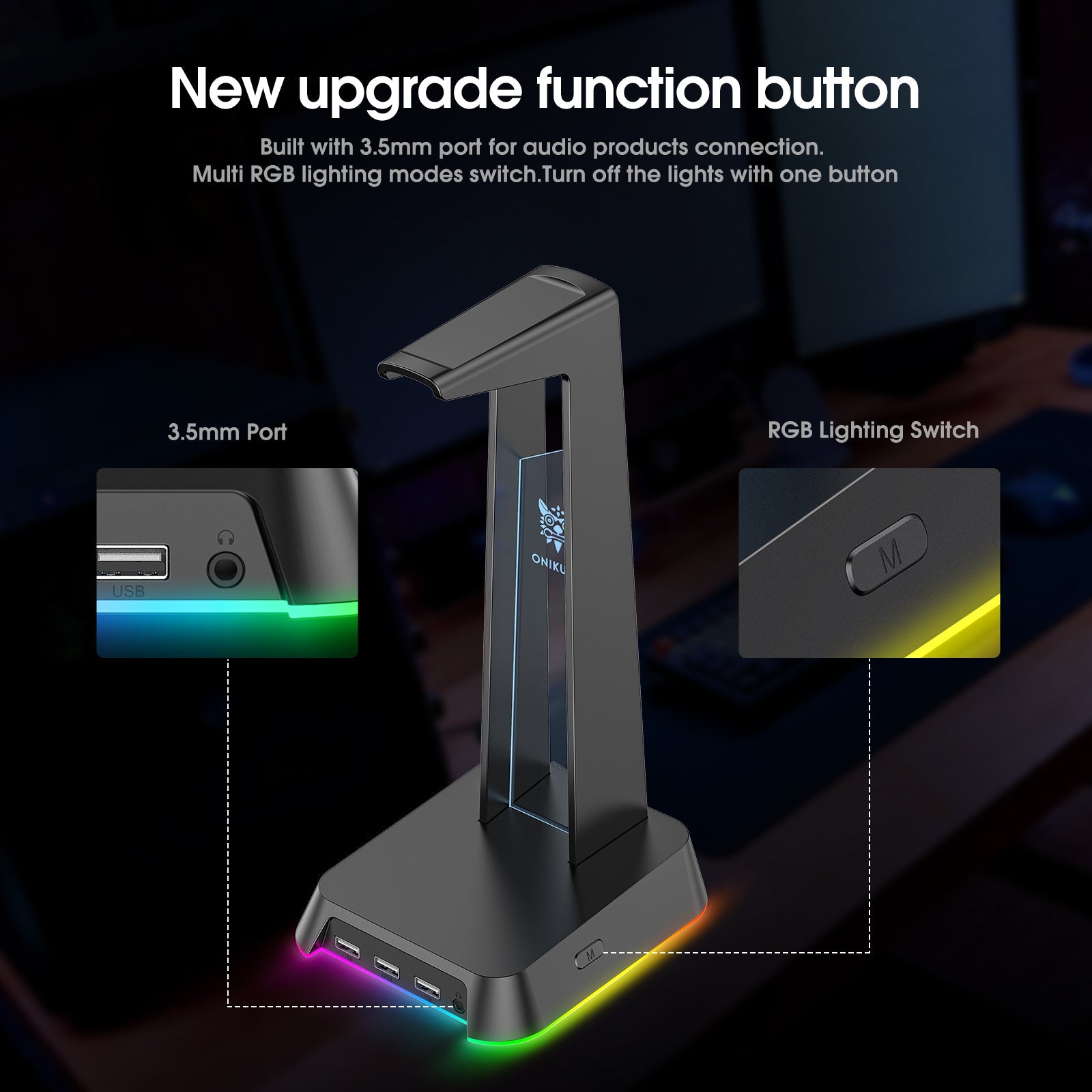 ONIKUMA ST2 RGB Gaming Headphone Stand with 3 USB and 3.5mm AUX Ports