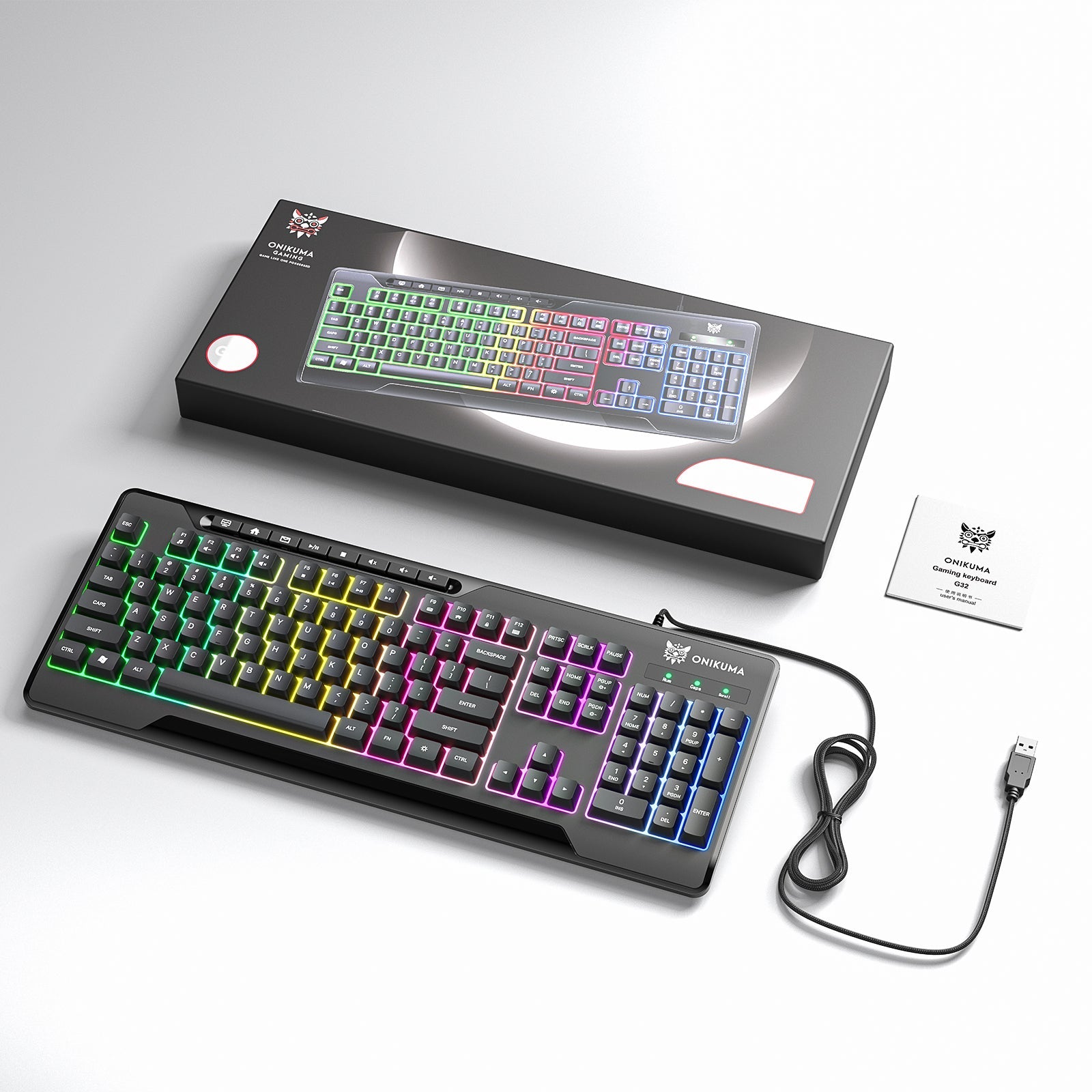 ONIKUMA G32 Matte Black Wired Gaming Keyboard with RGB Backlit Matte Key Caps