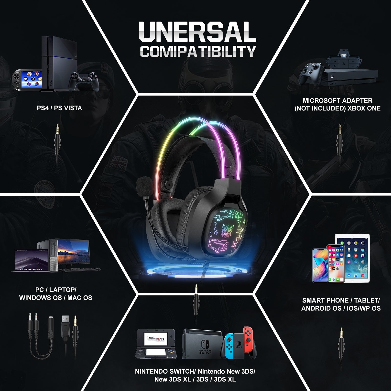 ONIKUMA X22 USB + 3.5mm Cool RGB Dynamic Light Wired Gaming Headset with Mic, Cable 1.8m - onikuma-1