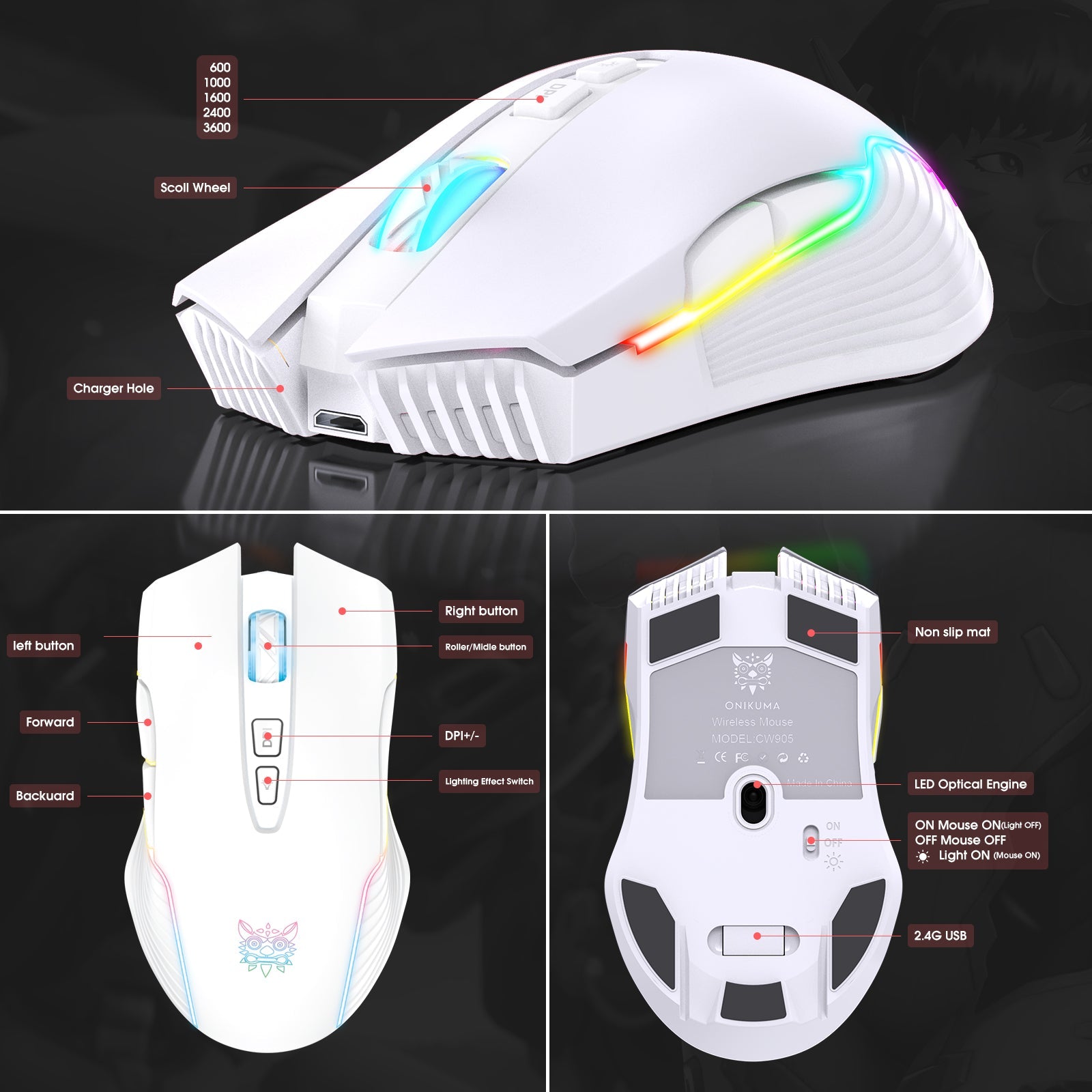 ONIKUMA CW905 3600 DPI Wireless Gaming Mouse