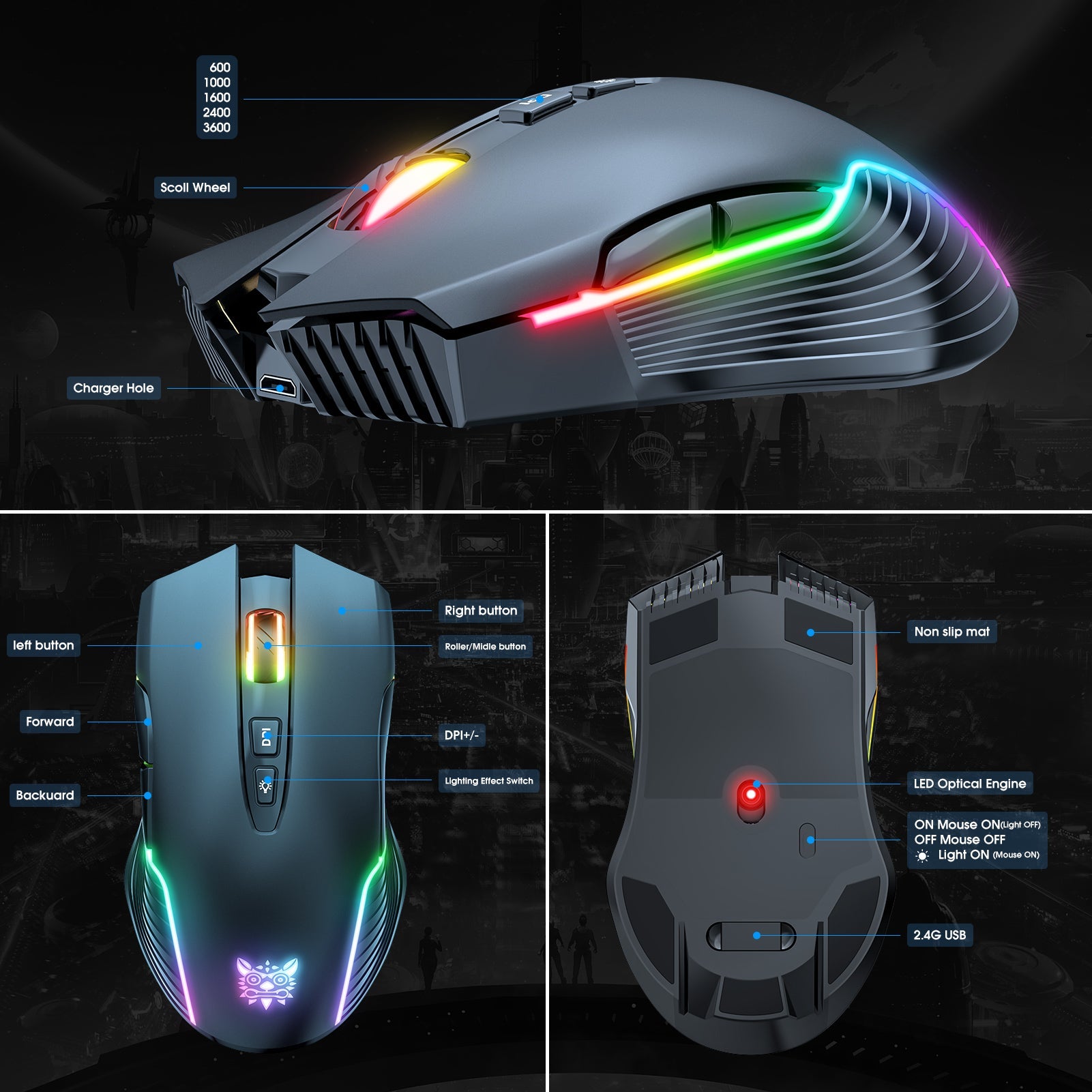 ONIKUMA CW905 3600 DPI Wireless Gaming Mouse