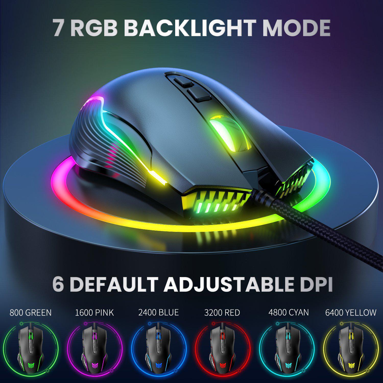 ONIKUMA CW905 6400 DPI Wired Gaming Mouse USB Game Mice 7 Buttons Design Breathing LED Colors for Laptop PC Gamer