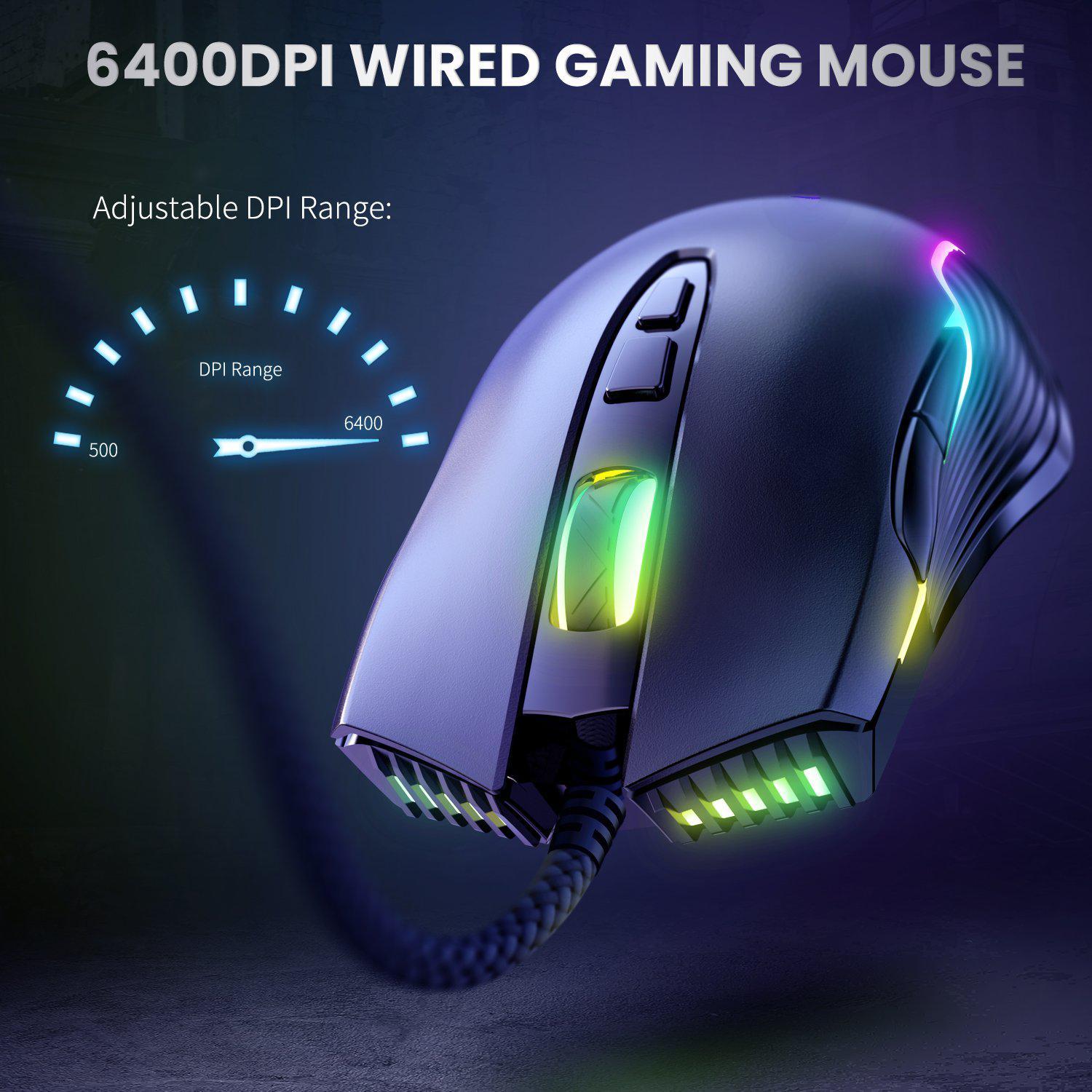 ONIKUMA CW905 6400 DPI Wired Gaming Mouse USB Game Mice 7 Buttons Design Breathing LED Colors for Laptop PC Gamer