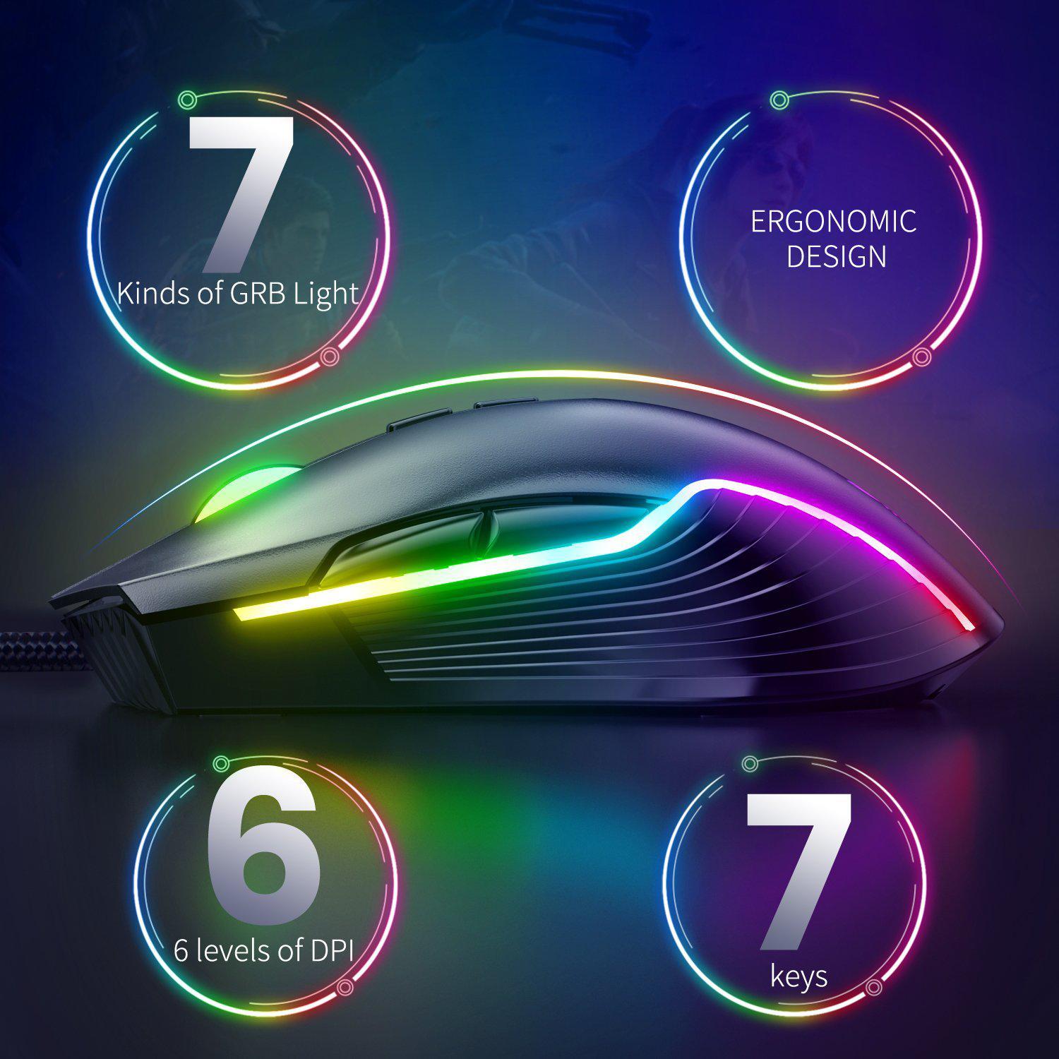 ONIKUMA CW905 6400 DPI Wired Gaming Mouse USB Game Mice 7 Buttons Design Breathing LED Colors for Laptop PC Gamer