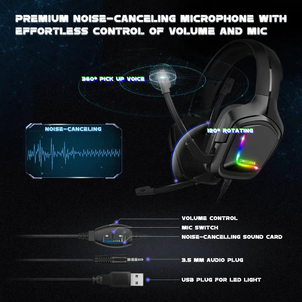 ONIKUMA K20 Wired Gaming Headsets With Microphone RGB Light - onikuma-1